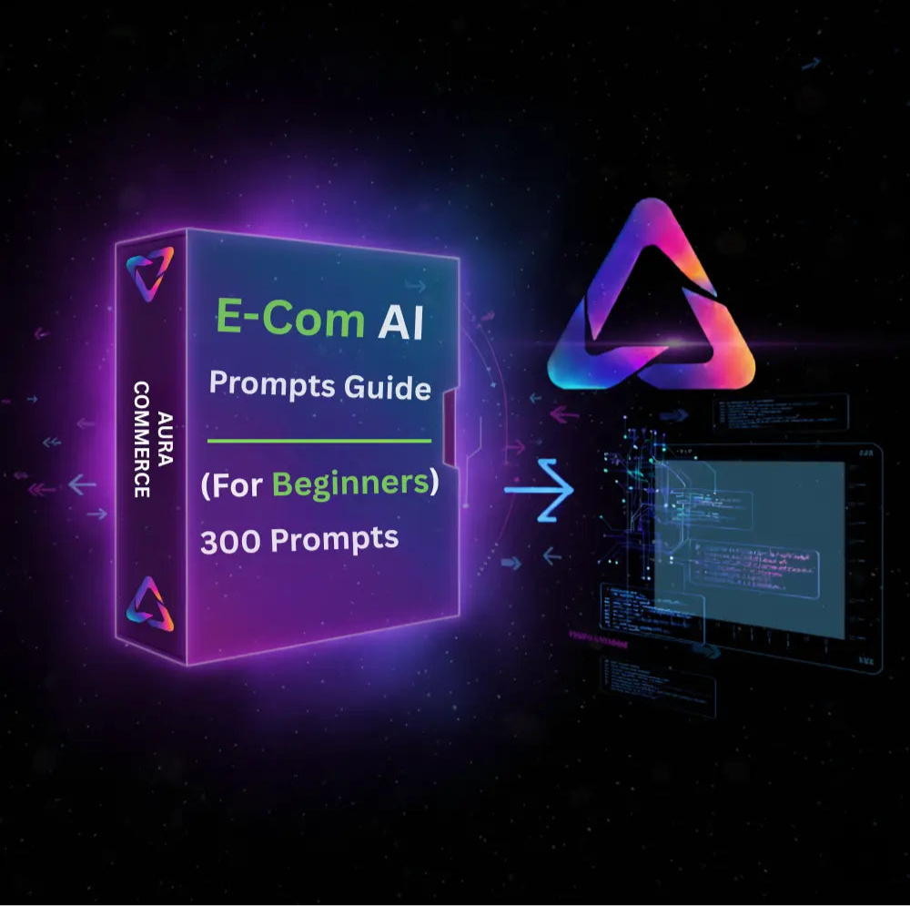 E-Com AI Prompts Guide for Beginners with a digital interface on a dark background