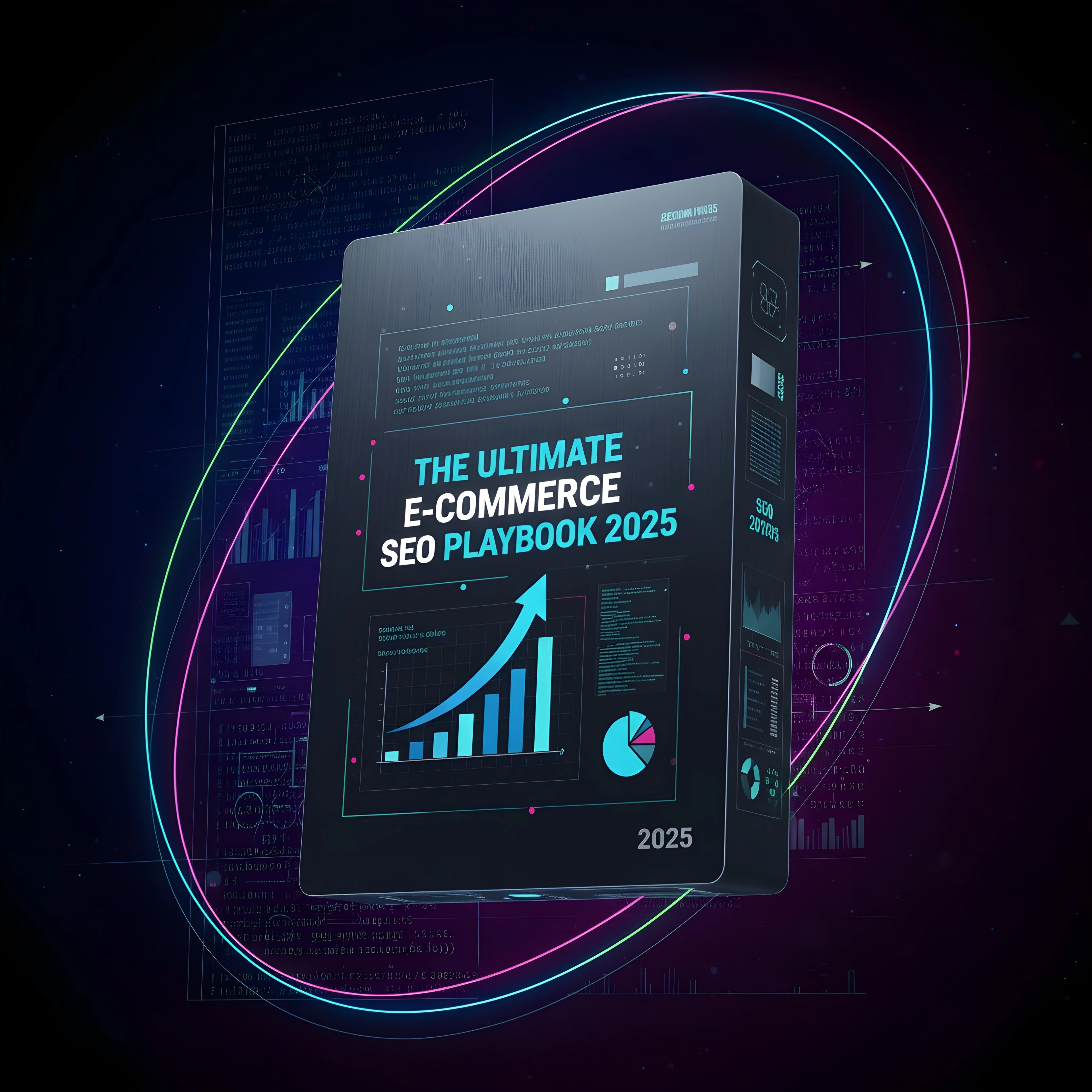 Book titled 'The Ultimate E-Commerce SEO Playbook 2025' on a dark background with digital graphics.