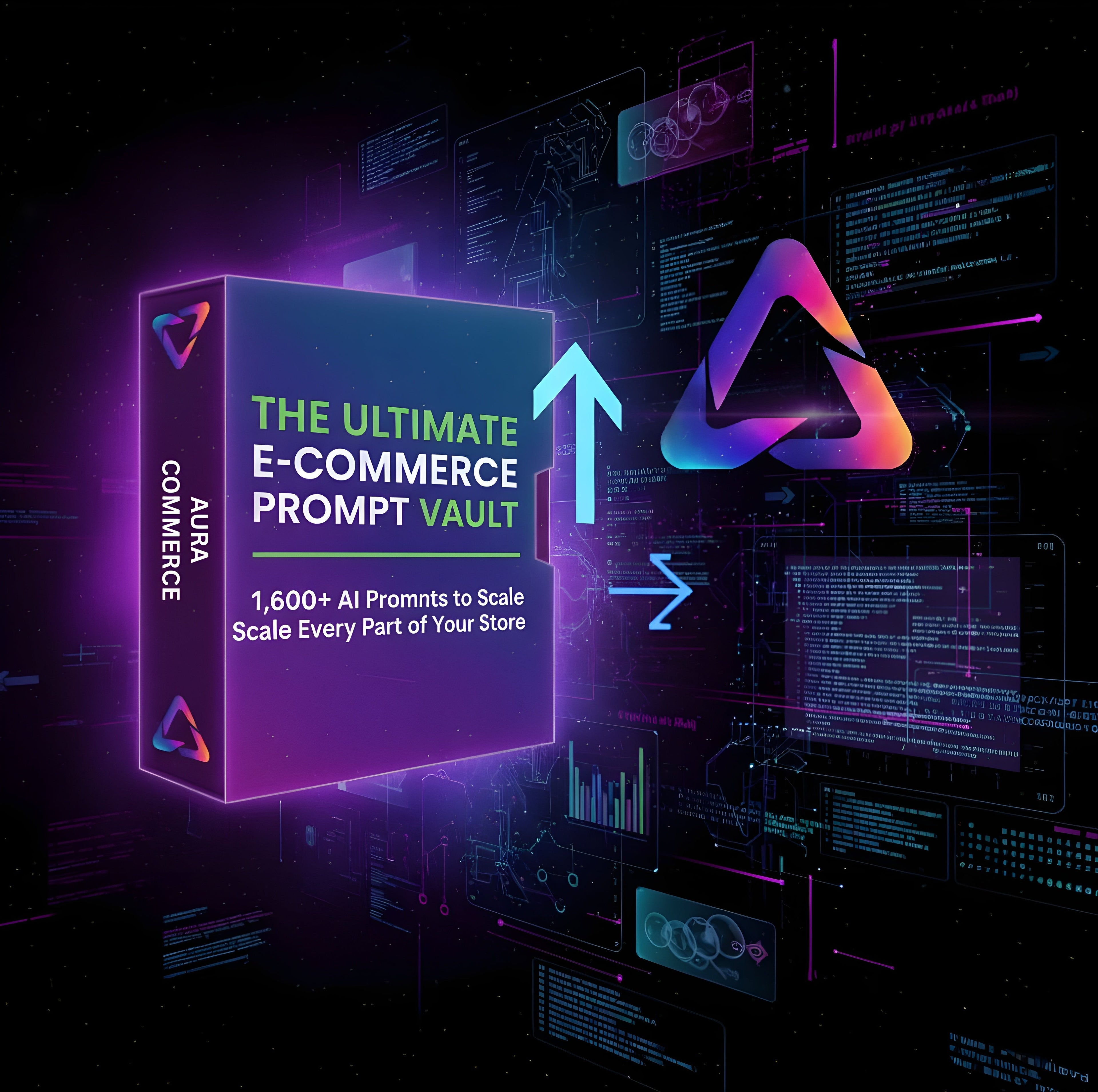 E-commerce product packaging with digital interface elements on a dark background